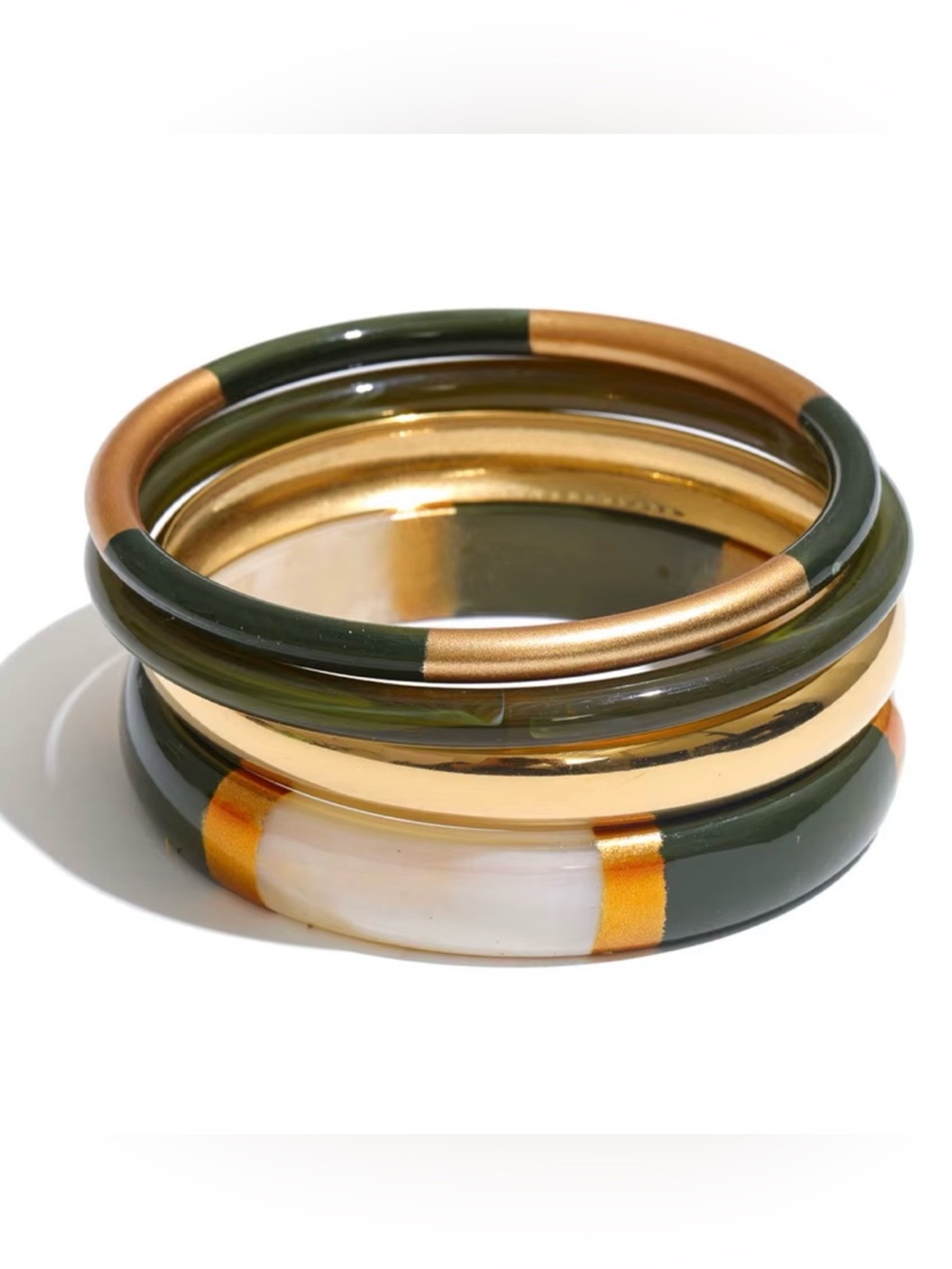 Olive Green and Gold 18k Gold Plated Stainless Steel Resin Stackable Bangle Set